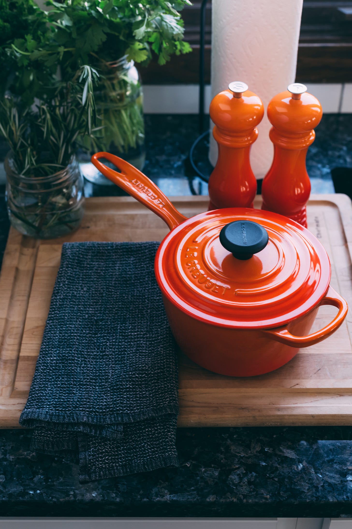Orange soup pot and salt and pepper shakers