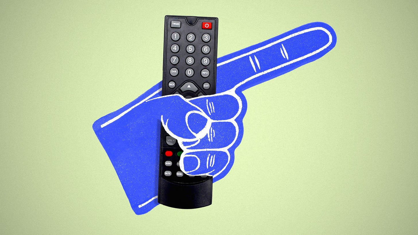 Illustration of a foam hand holding a TV remote. Illustration of a foam hand holding a TV remote.