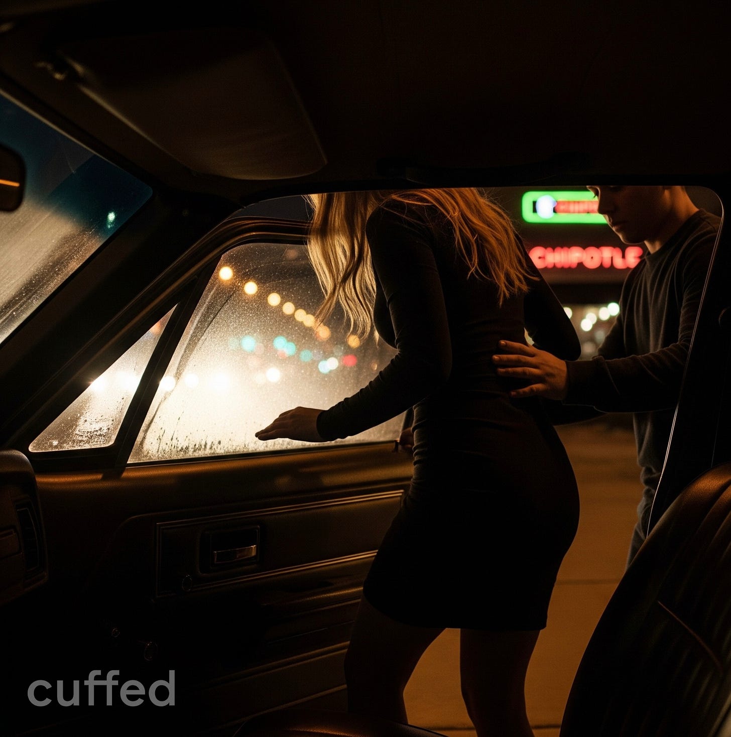 ChatGPT said:  Here’s the SEO-optimized alt text for m.11 — there are still gentlemen. and women should demand more.:  Alt text (for m.11 cover art):  A man holds the waist of a blonde woman in a black dress as she steps into an old car on a rainy night. The streetlights blur through the wet window, and a Chipotle sign glows in the background. The image captures a quiet gesture of chivalry, intimacy, and understated care. Visual for cuffed musing no. 11: “there are still gentlemen. and women should demand more.”