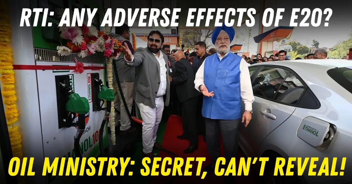 Man Files RTI Seeking ARAI Report On E20's Bad Effects On Engines: Petroleum Ministry Says 'Secret, Can't Reveal' Man Files RTI Seeking ARAI Report On E20's Bad Effects On Engines: Petroleum Ministry Says 'Secret, Can't Reveal'