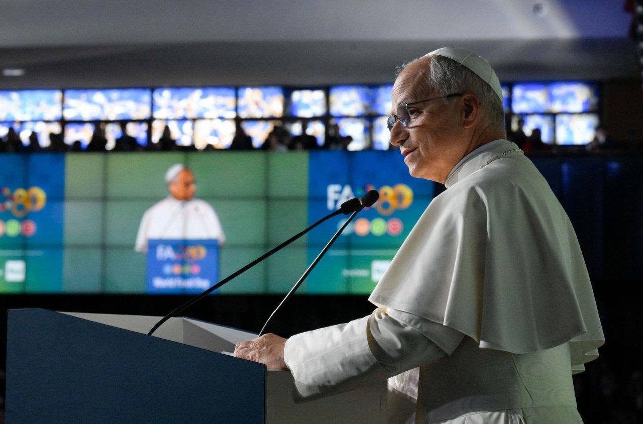 Pope Leo XIV addresses the UN Food and Agriculture Organization in Rome on World Food Day Pope Leo XIV addresses the UN Food and Agriculture Organization in Rome on World Food Day