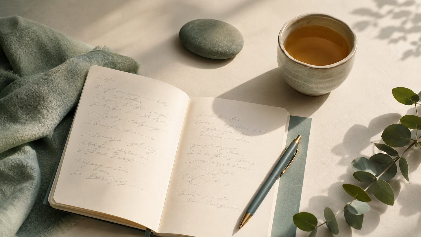 Open notebook, pen, tea, and grounding objects on a desk, representing reflection, insight, and body-based healing.