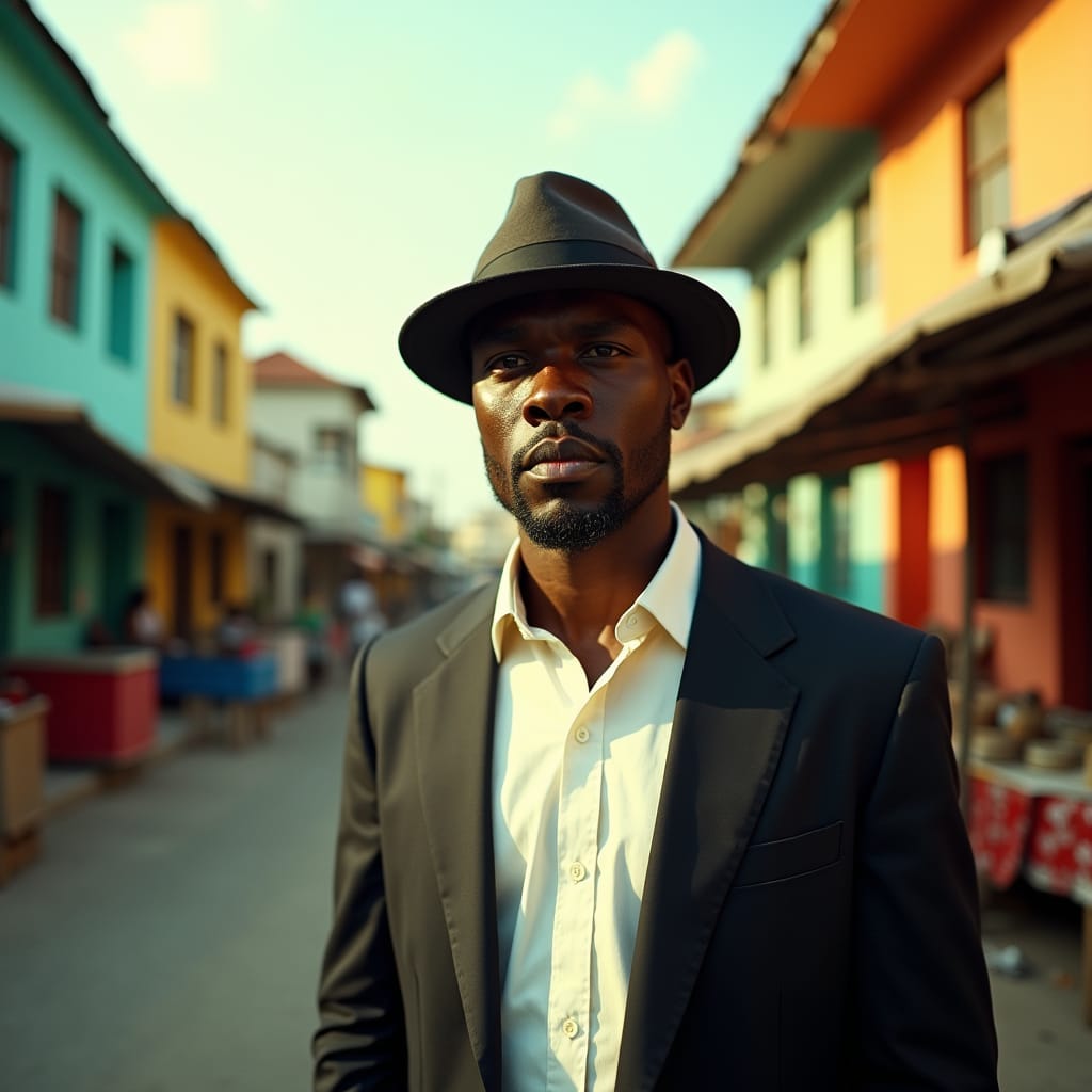 A suited debt collection agent, wearing a crisp white shirt and a fedora, stands assertively in the vibrant streets of Kingston, Jamaica, surrounded by colorful buildings and bustling market stalls, as he confronts a debtor, the warm Caribbean sunlight casting a dramatic glow on his determined face