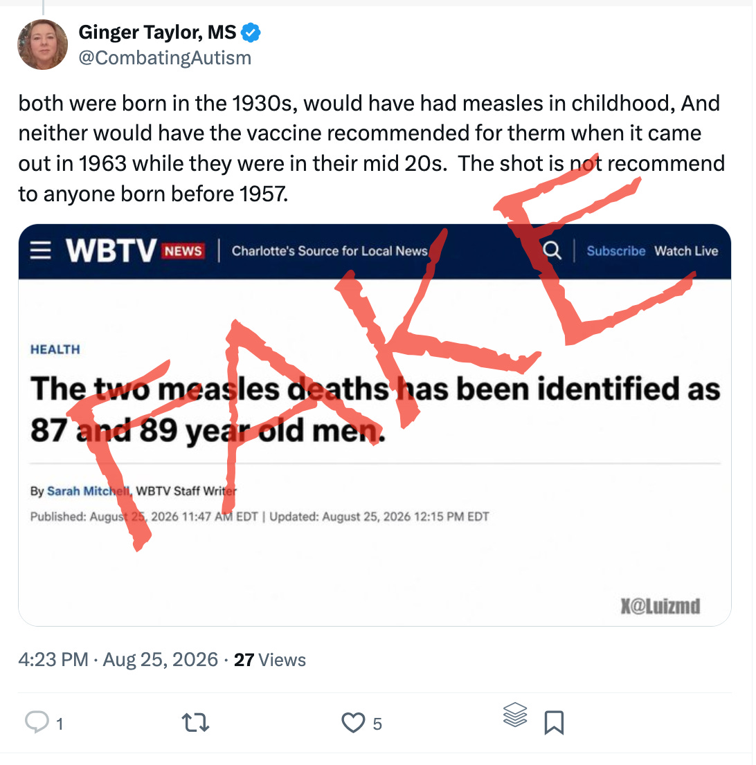 This is made up. They have not disclosed the ages of the people who died. And yet, anti-vaccine influencers keep reposting this misinformation, hoping it is true. Oh, and this article is not on the WBTV site!