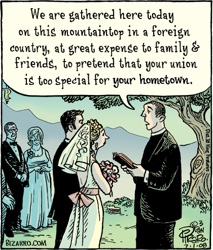 Comic of an outdoor wedding on a mountaintop. The reverend says, “We are gathered here today on this mountaintop in a foreign country at great expense to family & friends, to pretend that your union is too special for your hometown.”