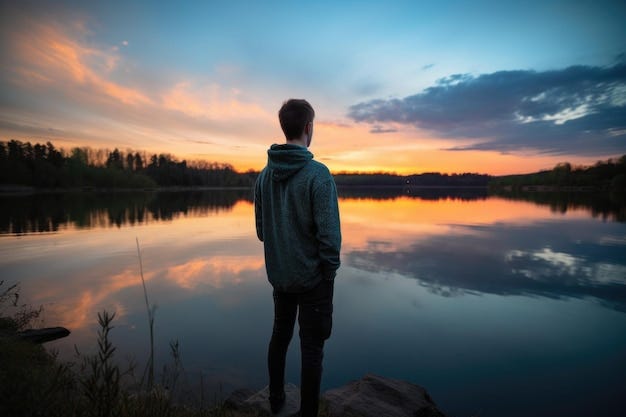 Shot of a young man watching the sunset over a lake on his own | Premium  AI-generated image