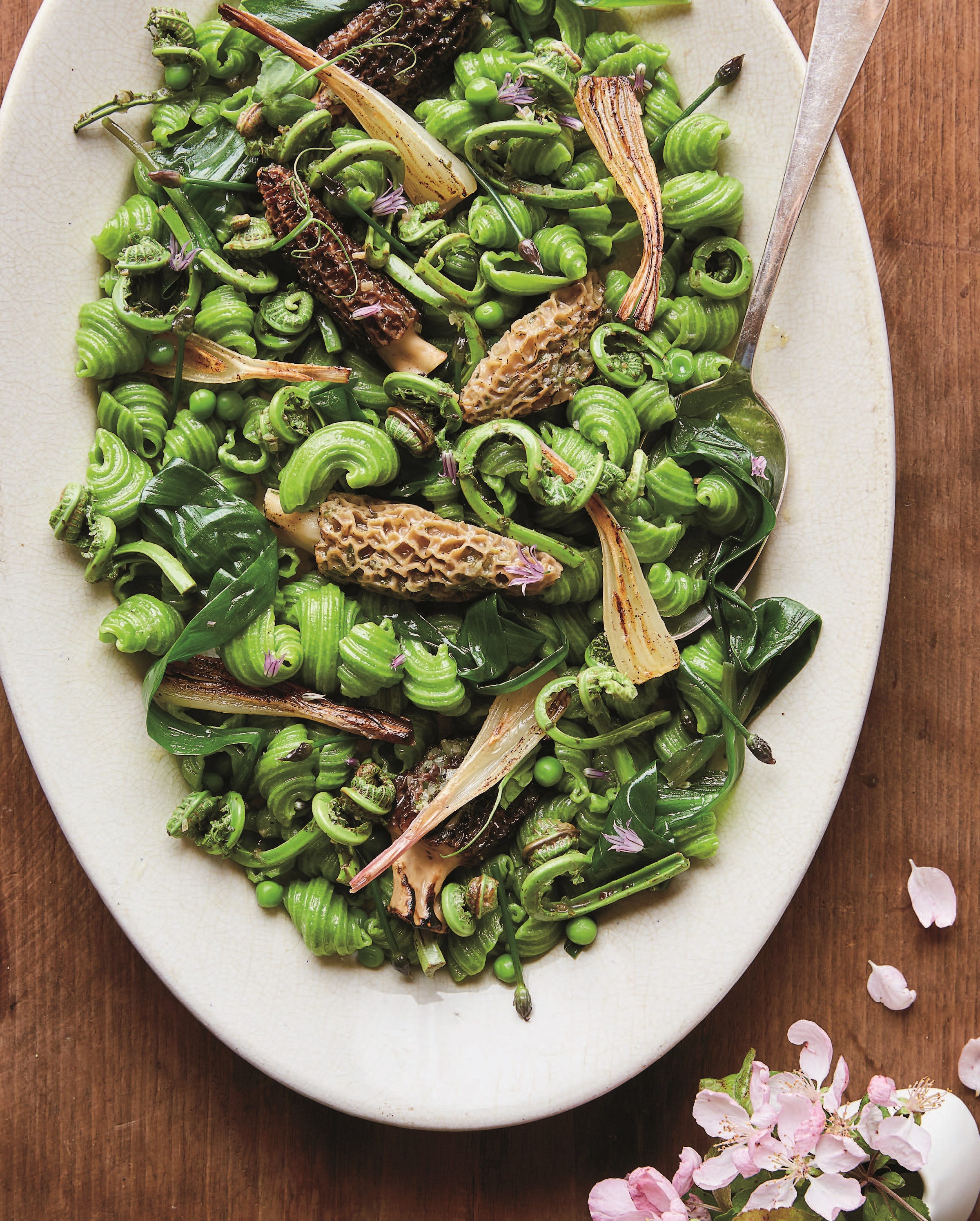 Ramp Top Pasta with Morels and Fiddleheads