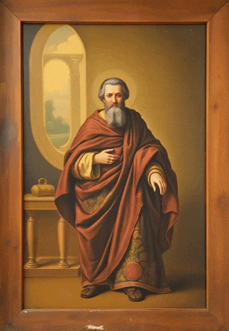 a holy figure with a halo is startled by a robot vaccum but blesses it anyways