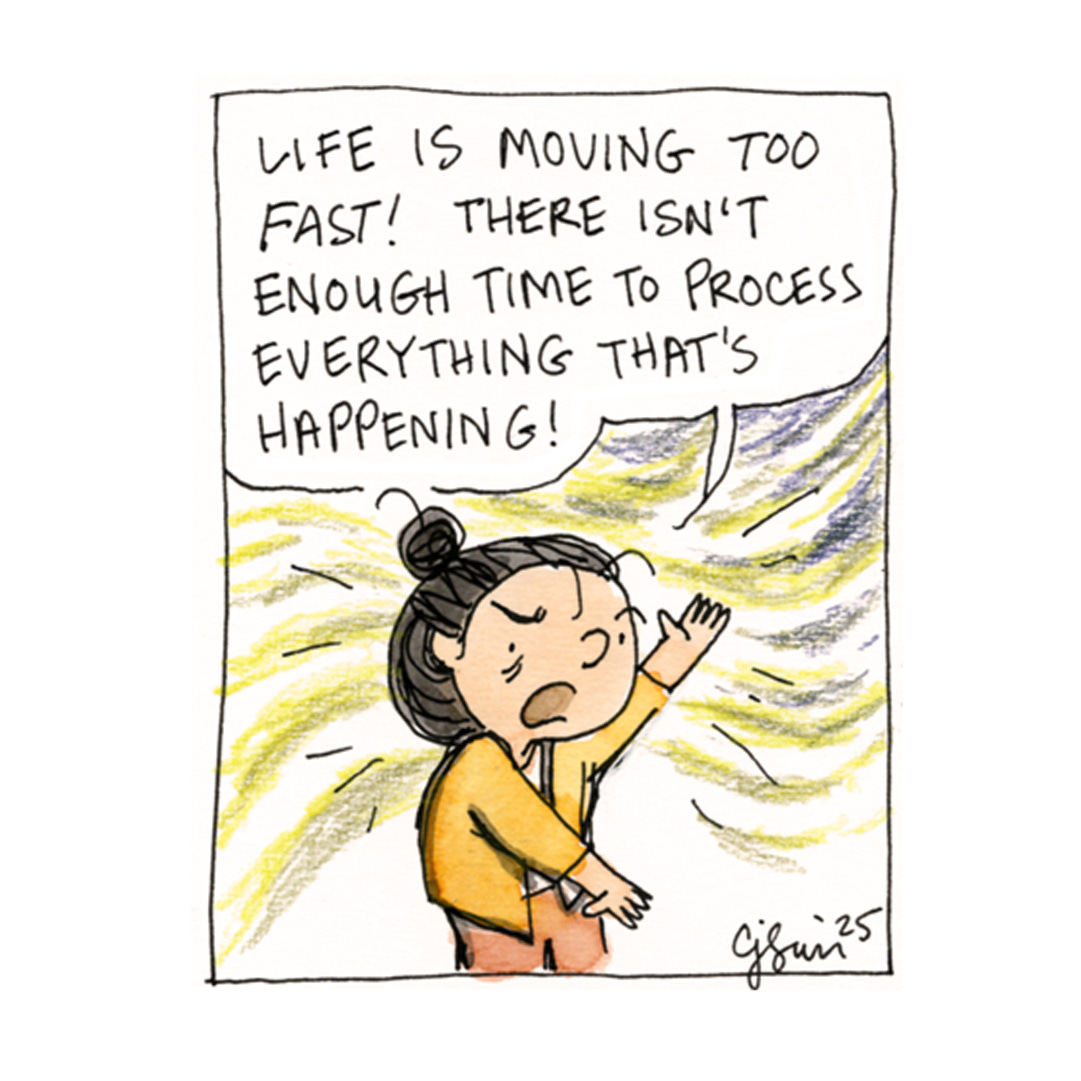 Panel 1 of a 4-panel comic strip about spending too much time worrying. Titled "Worrywart Life," ink, watercolor and color pencil on paper. Original artwork by Connie Sun, cartoonconnie, 2025.