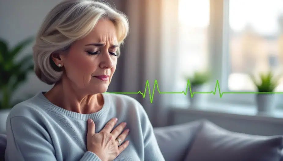 A senior woman clutches her chest in pain, suggesting a heart attack, as a bright green and yellow EKG image is visible.