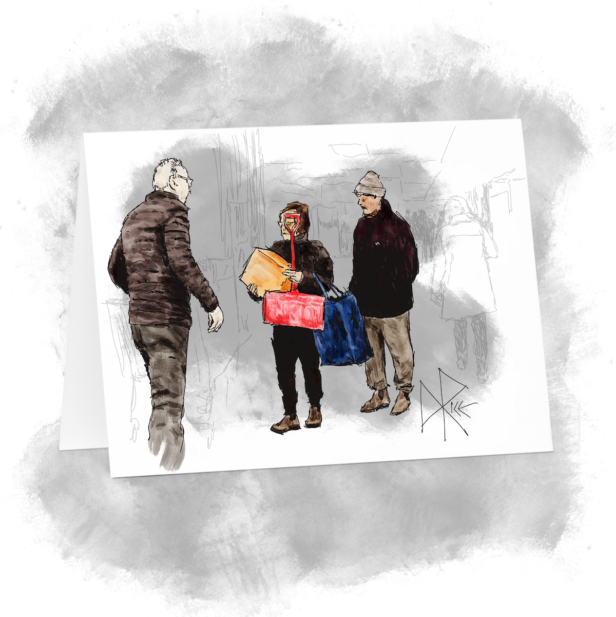 A woman shopping with her family, holding a box and a child-size snow shovel. Sketch art by Don Rice.