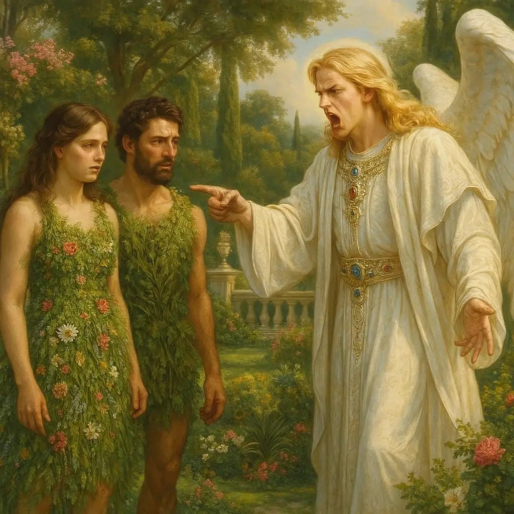 A man and woman who are wearing beautiful flowers grass and nature made clothes are standing and being yelled at by a male handsome and beautiful but angry angel who has long blonde hair and is wearing elaborate white robes and adorned with jewels. realistic. heavenly. in a luxurious garden.