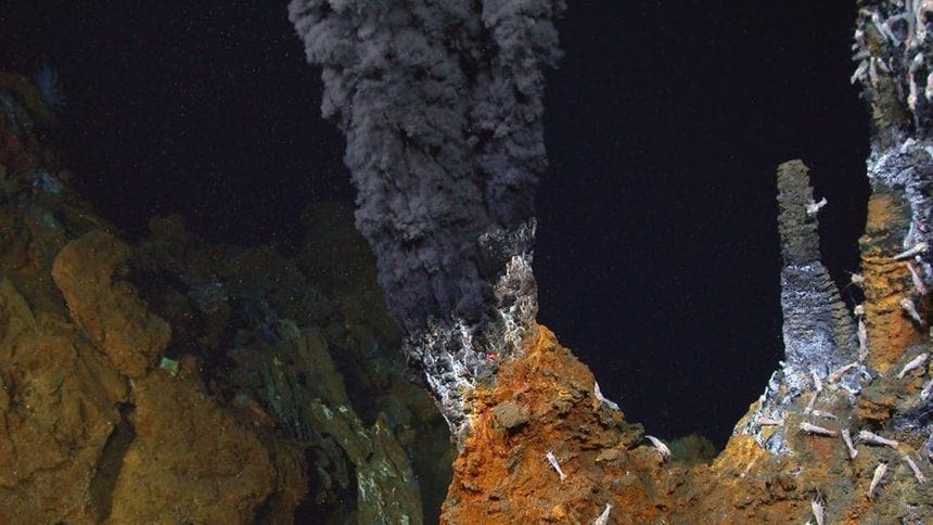 Black plume rises from a deep-sea hydrothermal vent chimney ringed by orange mineral deposits and pale vent shrimp. Black plume rises from a deep-sea hydrothermal vent chimney ringed by orange mineral deposits and pale vent shrimp.