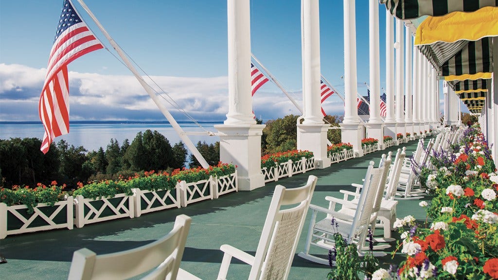 Rocking chairs from the Grand Hotel on Lake Michigan’s Mackinac Island make relaxing souvenirs.