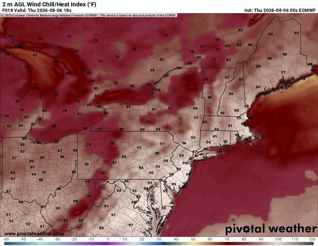 May be an image of tornado, map and text that says '2 AGL Wind Chill/Heat Index (°F) F018 Valid: Thu 2026- 8z 02hbtetete arecasts ECMWF) 5amine based dataa products ofthe ECMWF. urapean Centrefc Init: Init:Thu2026-08-0600ZECMWF 2026-08-06 00z ECMWF 94 95 96 92 60 50 40 30 -20 10 0 10 20 30 40 50 60 pivstalweather piv#tal weather 70 80 90 100 110 120'