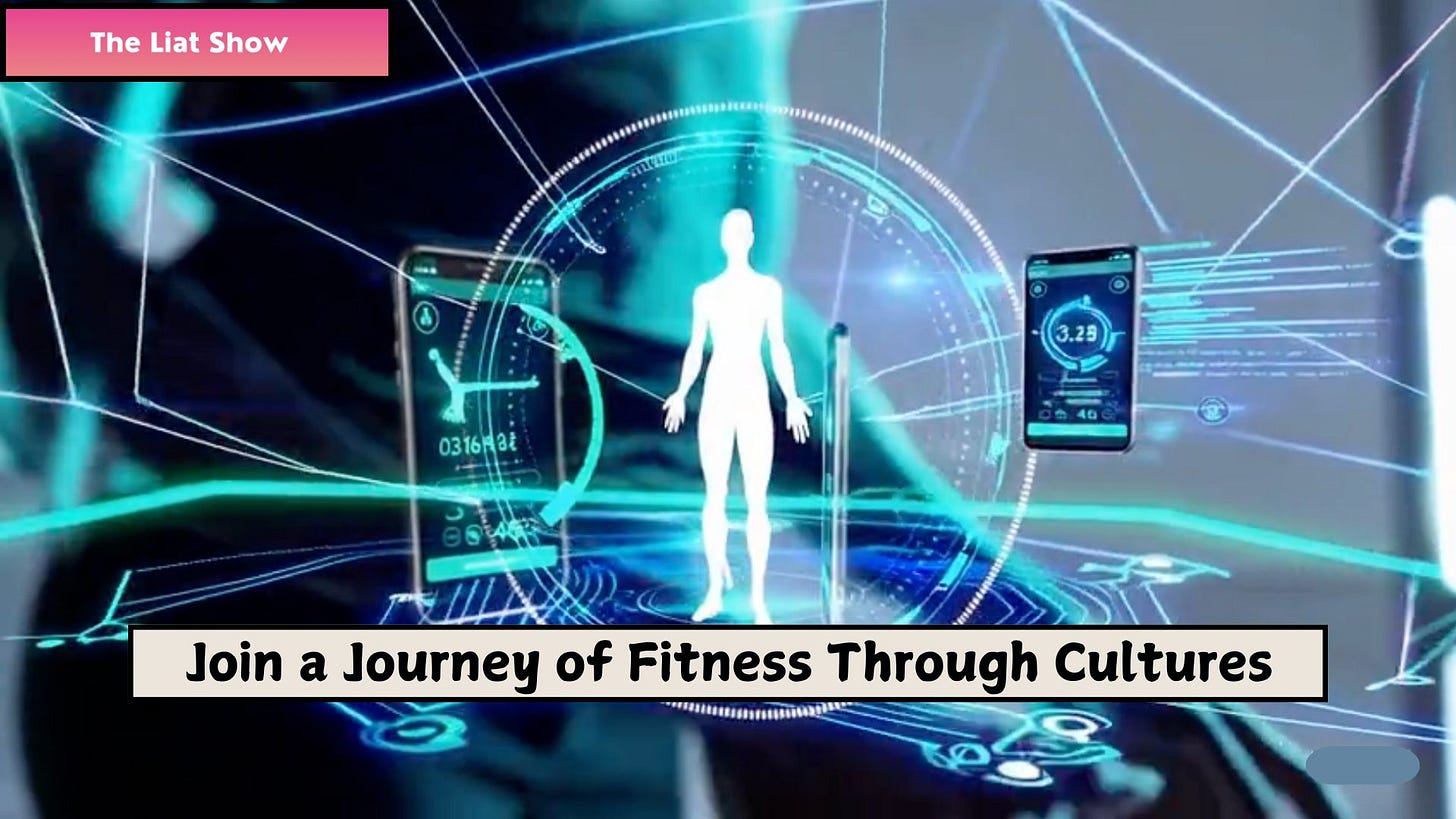 A digital human figure is shown at the center of a glowing virtual interface with holographic screens floating around it. The screens display biometric data, graphs, and health metrics in neon blue and green. The background includes circuit-like patterns and bright light effects, suggesting advanced fitness or medical technology. #LiatPortal #GuyBar #Argox #Habeats #Hygear #TheLiatShow