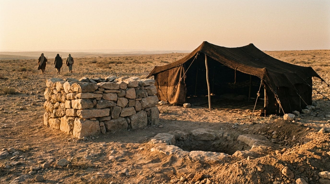 A low stone altar and a tent beside a newly dug well in the dry country of Beersheba at dawn, three small figures walking toward it across the plain in the far distance, faceless, no text A low stone altar and a tent beside a newly dug well in the dry country of Beersheba at dawn, three small figures walking toward it across the plain in the far distance, faceless, no text