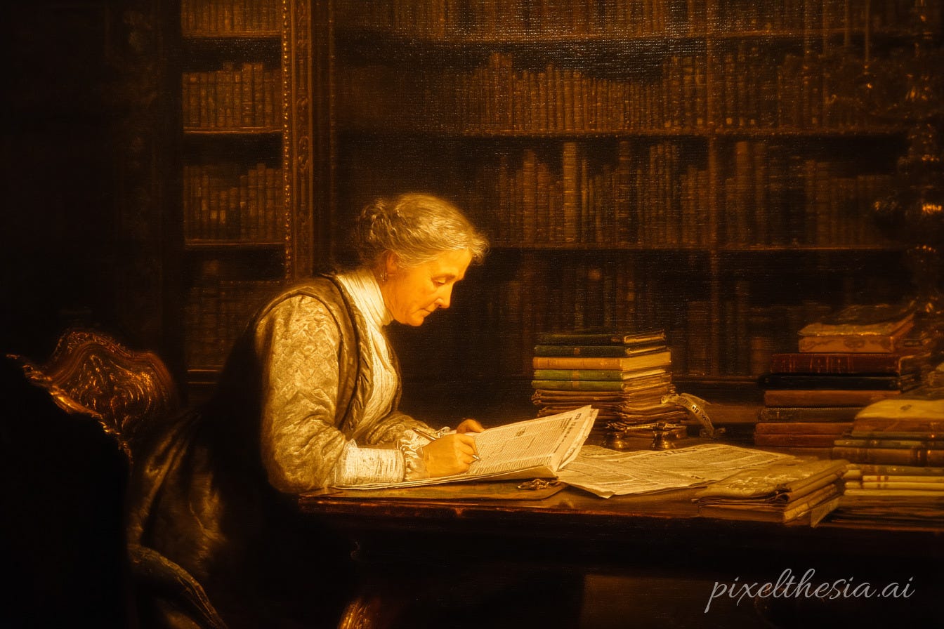 An elderly woman with gray hair sitting at a desk in what appears to be a private library. She is wearing a light-colored, possibly silver or white blouse with a decorative patterned vest or jacket over it. She is focused on reading and writing, with her head bowed over open papers or a book on the desk in front of her. The setting is warm and intimate, illuminated with a golden glow that gives the scene a historical, oil painting-like quality. Behind her are floor-to-ceiling bookshelves filled with numerous leather-bound volumes, creating the atmosphere of a well-stocked personal library. The wooden desk she sits at is covered with papers, documents, and several stacks of books arranged neatly. The ornate wooden chair she occupies suggests a period setting, likely 19th or early 20th century. The overall scene conveys scholarly dedication and quiet contemplation, capturing a moment of intellectual work in a richly appointed, traditional study environment.