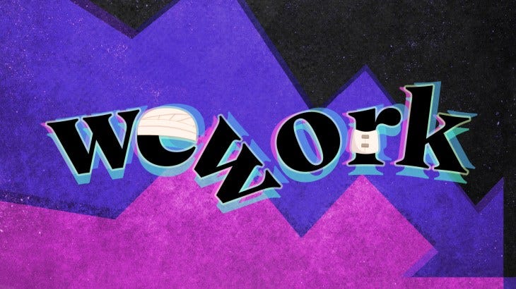 An illustration depicting the Wework logo looking battered and wearing bandages, meant to suggest financial hardship