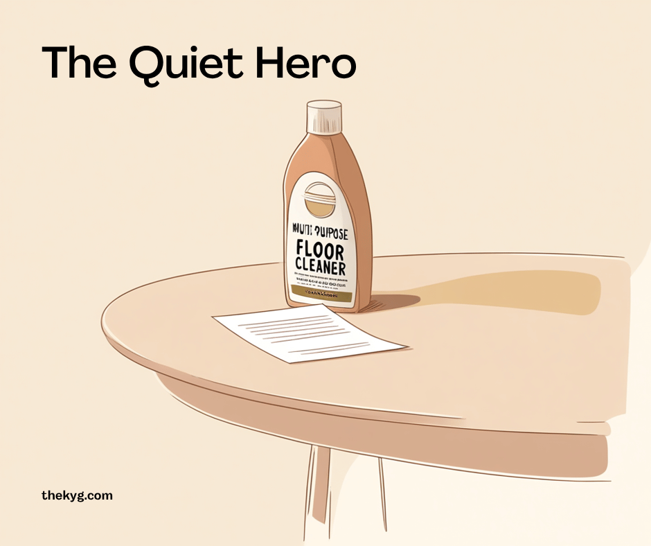 Flat cartoon illustration of a floor cleaner bottle on a wooden table beside a folded piece of paper, warm muted tones. Flat cartoon illustration of a floor cleaner bottle on a wooden table beside a folded piece of paper, warm muted tones.