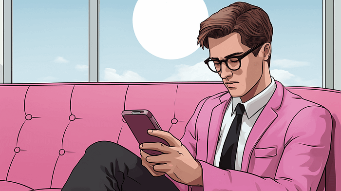 A man wearing a pink suit, texting on a pink couch. A man wearing a pink suit, texting on a pink couch.