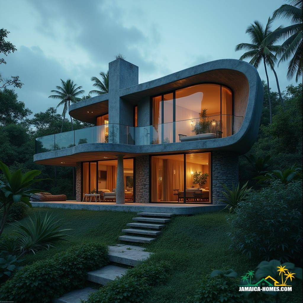  A striking house design in concrete, brick, and glass, shaped like a bird, situated in the vibrant Jamaican Caribbean. Cinematic film still, sensuously lit with dramatic, atmospheric, and cinematic lighting. Captured on an Arri Alexa V-Raptor XL with a 35mm lens, featuring visible film grain, a subtle vignette, expert color grading, and post-processing for a stunning, epic, and masterpiece quality live-action shot.