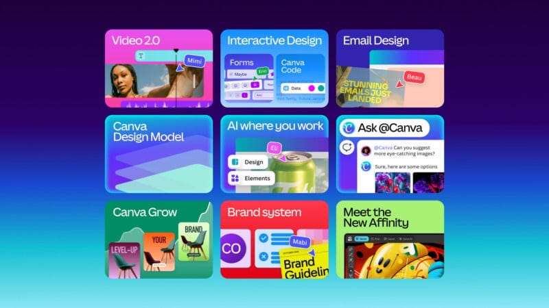 A colorful grid of nine panels shows topics like Video 2.0, Interactive Design, Email Design, Canva Design Model, AI integration, Ask @Canva, Canva Grow, Brand System, and Meet the New Affinity, with graphics and icons. A colorful grid of nine panels shows topics like Video 2.0, Interactive Design, Email Design, Canva Design Model, AI integration, Ask @Canva, Canva Grow, Brand System, and Meet the New Affinity, with graphics and icons.