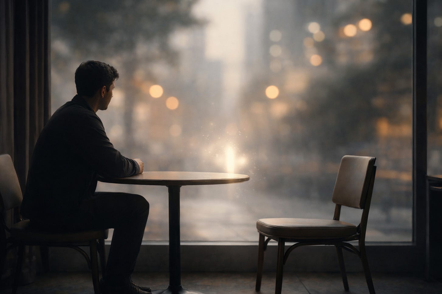 A solitary man sitting at a small café table across from an empty chair, with soft light between them and a blurred city background.