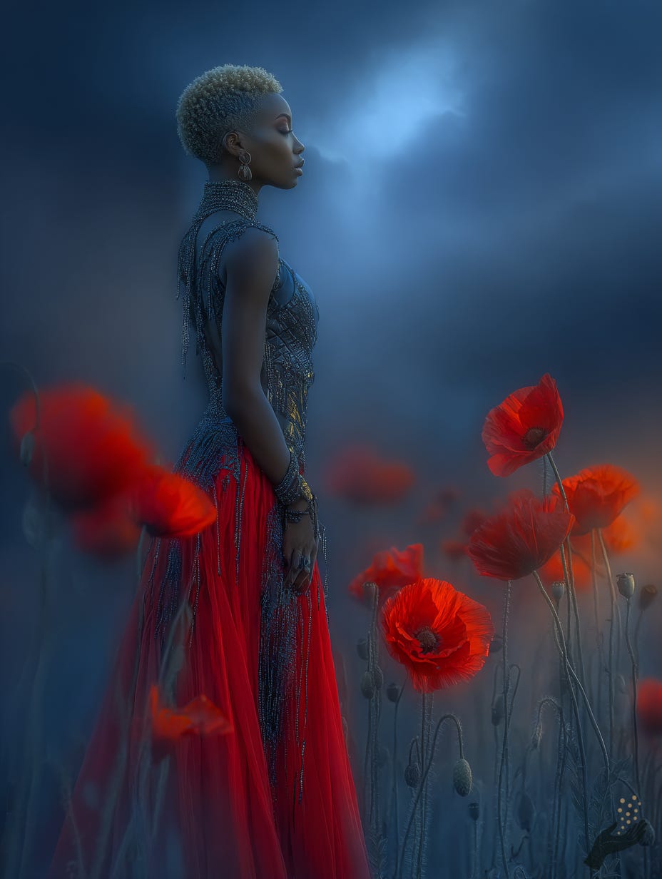 A painterly image of a figure in profile standing among red poppies in a blue misty field, wearing a dark blue top and flowing red fabric beneath a glowing patch of sky. A painterly image of a figure in profile standing among red poppies in a blue misty field, wearing a dark blue top and flowing red fabric beneath a glowing patch of sky.