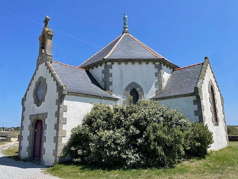 A collection of nine photos taken in Brittany, featuring a group of four friends on a hike and eight scenic coastal landscapes, including lighthouses, cliffs, boats, and traditional villages under varied summer light