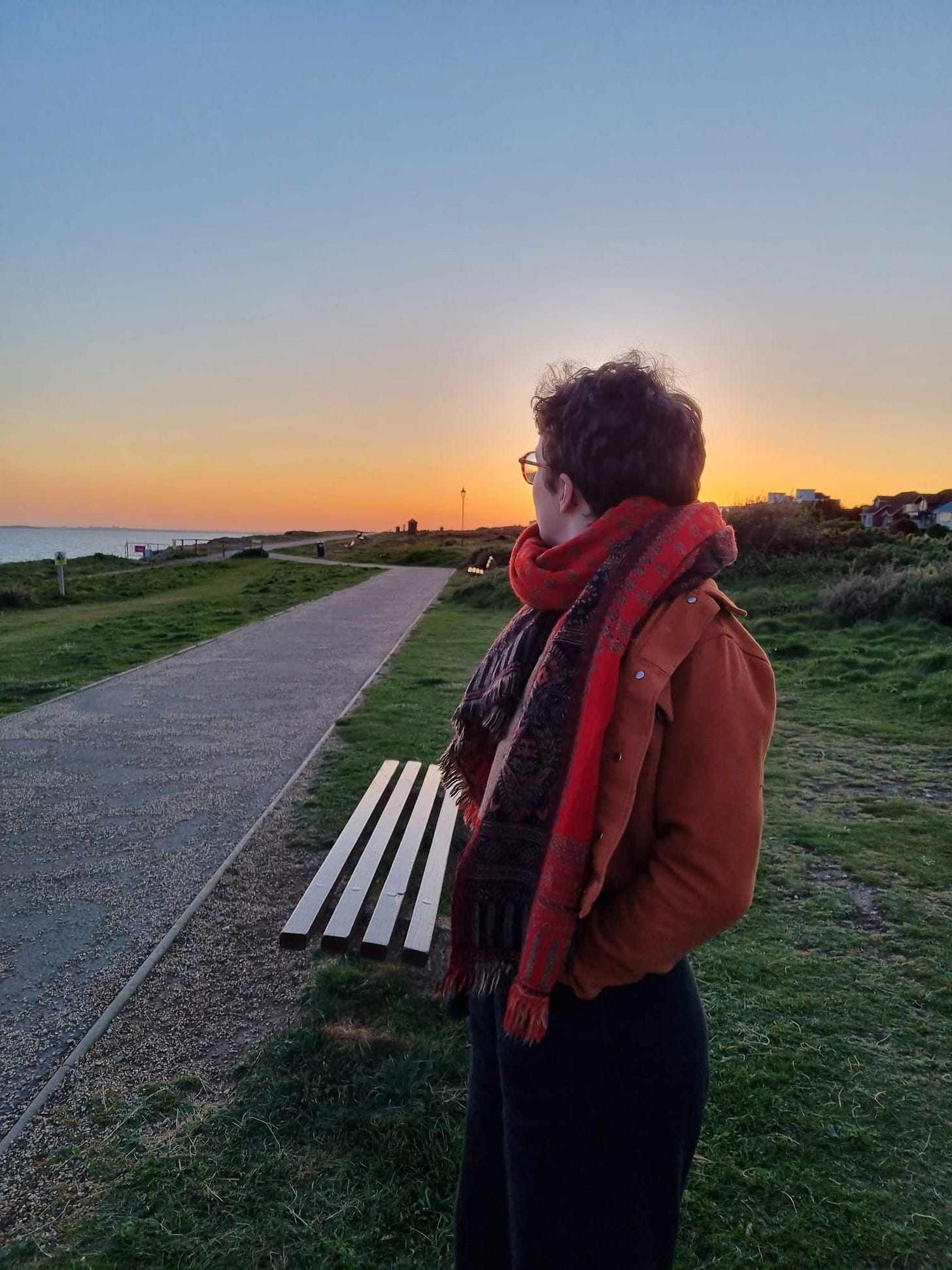 A picture of Rachel stood facing out towards a sunset, the sky is still blue but the yellow of the sunset is leaking through