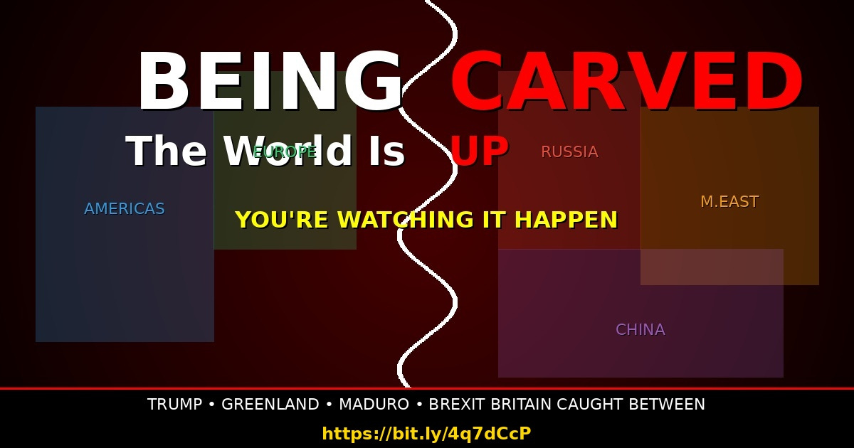 World being carved up into five superpowers: Americas under Trump, Russia, China, Middle East, Europe. Geopolitical map showing global power blocs with Greenland, Maduro Venezuela, Brexit Britain caught between competing spheres of influence. Analysis of world order fragmentation and territorial power grabs 2026 - https://bit.ly/4q7dCcP