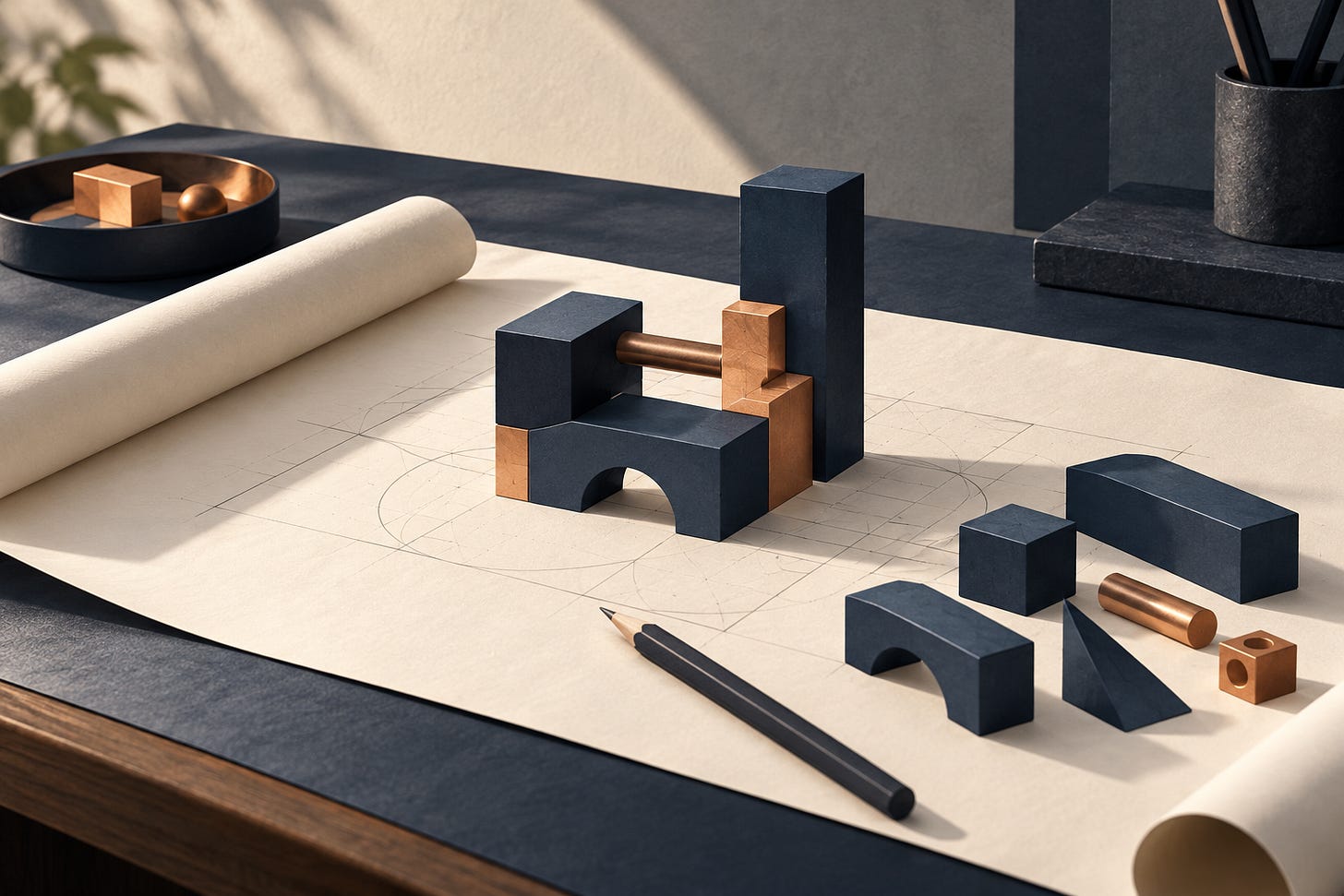 Geometric pieces and an open plan on a drafting desk.