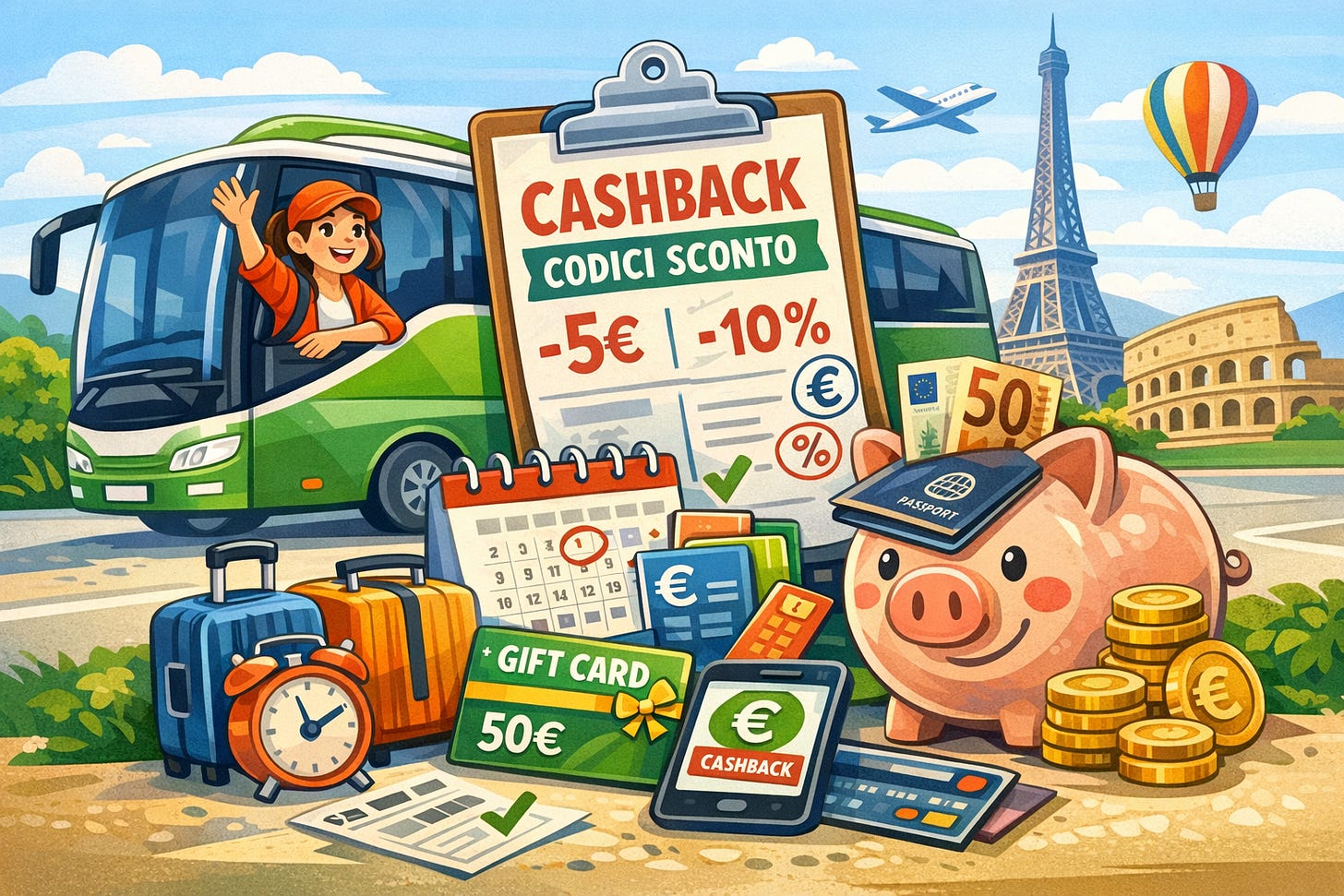 Illustrazione di viaggio in bus low cost con cashback, gift card e codici sconto, autobus verde con passeggera, salvadanaio e simboli di risparmio su tratte europee.