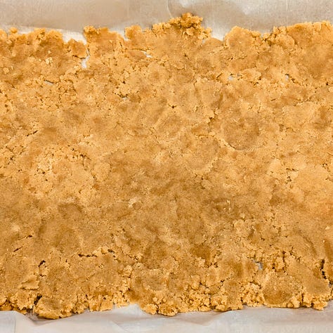 Three-step process for making kinako crumbles: mixture combined in a bowl, spread evenly on a baking sheet, and broken into golden pieces with a fork after baking.