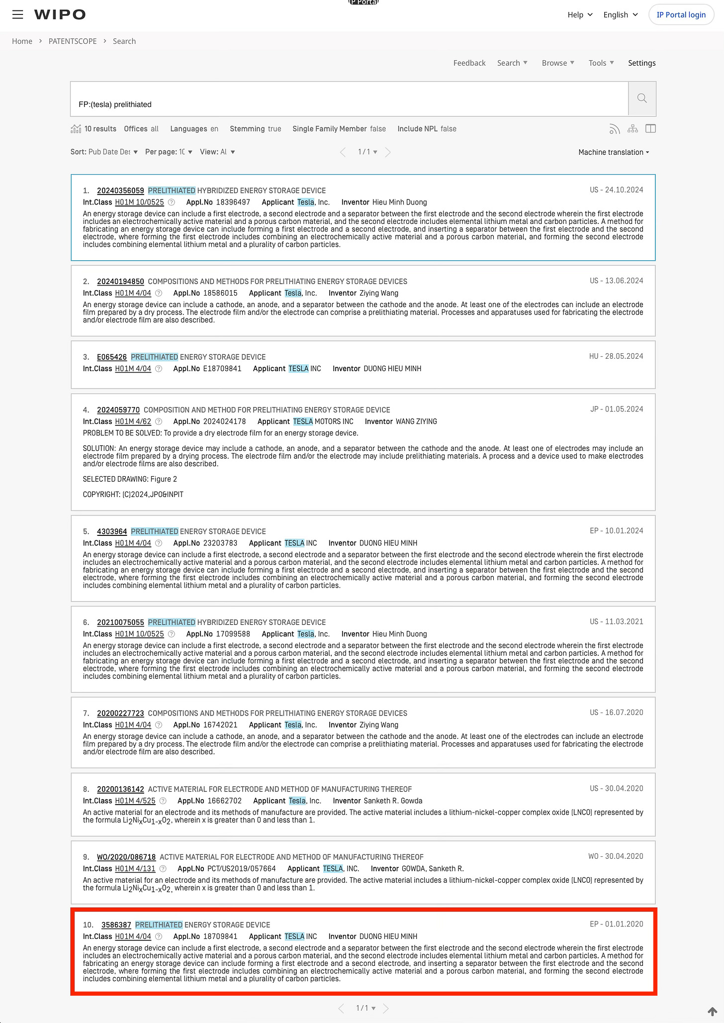 WIPO > PatentScope > "Prelithiated" (Tesla)