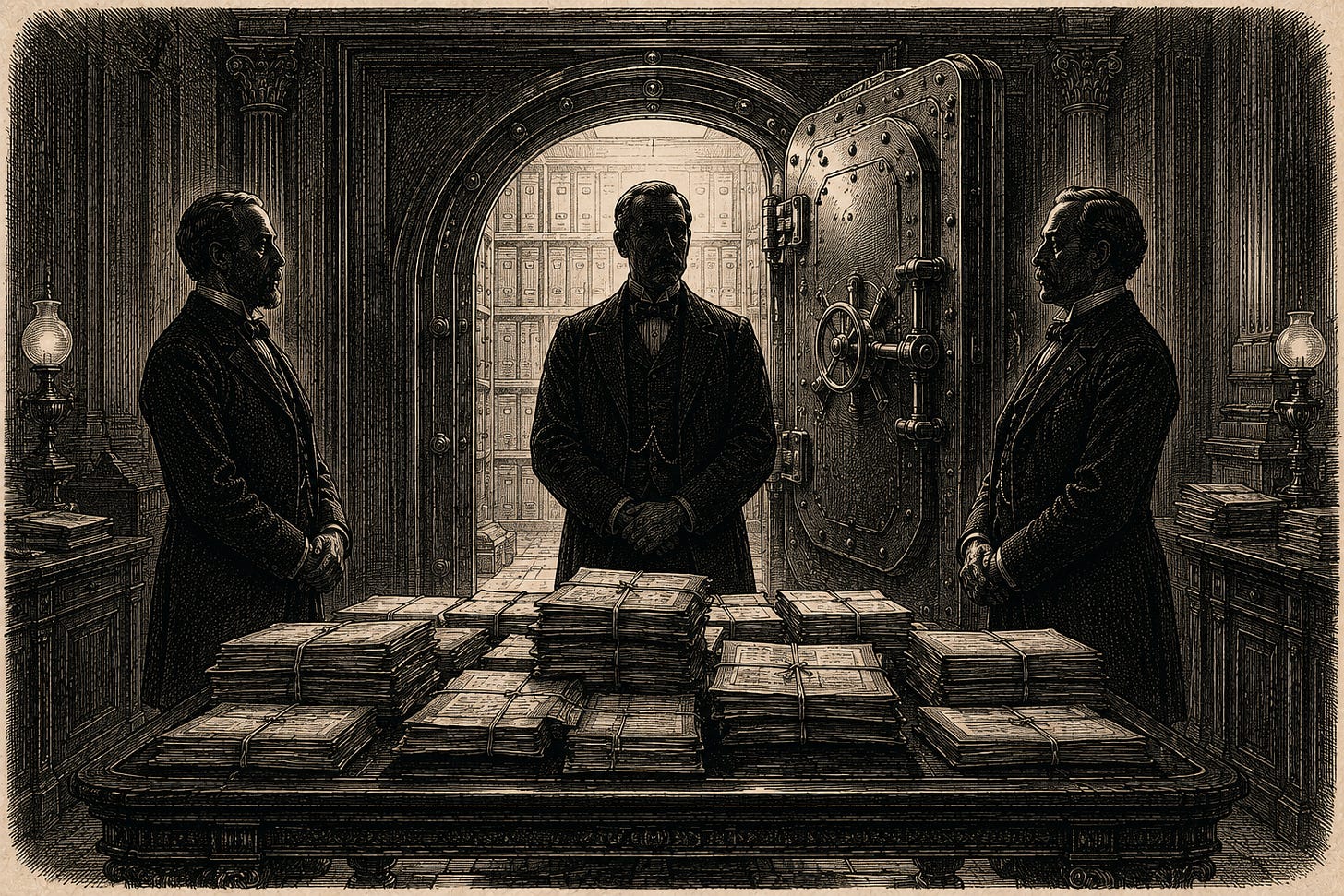 Wood-engraving editorial illustration in the Thomas Nast Harper's Weekly style for Attention Capital's essay The Capital Side of the Canary. Three banker-lawyer figures in 1870s formal dress stand in triangular formation behind a stack of tied document bundles on a heavy oak closing-room table, with a partially opened vault door illuminating the composition from behind. The image argues that the Architect Capital transaction with Fenix International brought a bulge-bracket-grade advisor stack (Moelis, Skadden Arps, Sullivan & Cromwell) to a deal whose stated purpose was building creator credit infrastructure. Keywords: Architect Capital, Fenix International, OnlyFans, creator credit, specialty credit, Moelis, Skadden Arps, Sullivan & Cromwell. Wood-engraving editorial illustration in the Thomas Nast Harper's Weekly style for Attention Capital's essay The Capital Side of the Canary. Three banker-lawyer figures in 1870s formal dress stand in triangular formation behind a stack of tied document bundles on a heavy oak closing-room table, with a partially opened vault door illuminating the composition from behind. The image argues that the Architect Capital transaction with Fenix International brought a bulge-bracket-grade advisor stack (Moelis, Skadden Arps, Sullivan & Cromwell) to a deal whose stated purpose was building creator credit infrastructure. Keywords: Architect Capital, Fenix International, OnlyFans, creator credit, specialty credit, Moelis, Skadden Arps, Sullivan & Cromwell.