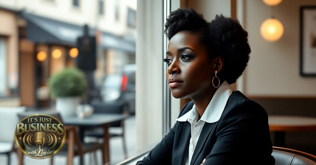 A professional Black woman sitting in a window of a cafe.