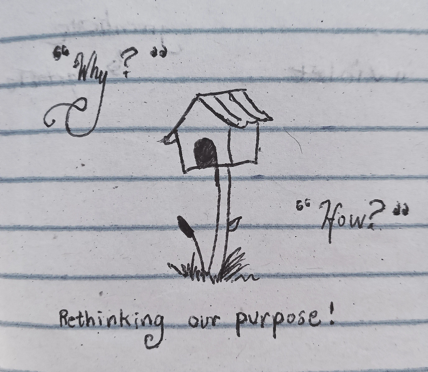 A hand-drawn sketch of a birdhouse on a lined notebook paper with philosophical questions written around it.