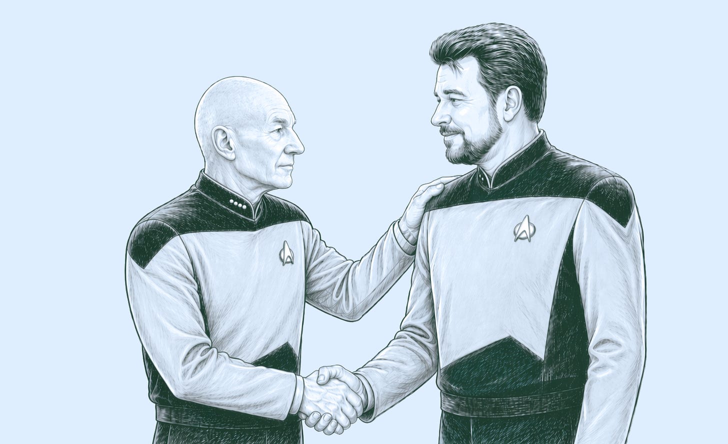 Cartoon of Star Trek Captain Picard shaking the hand of Captain Riker