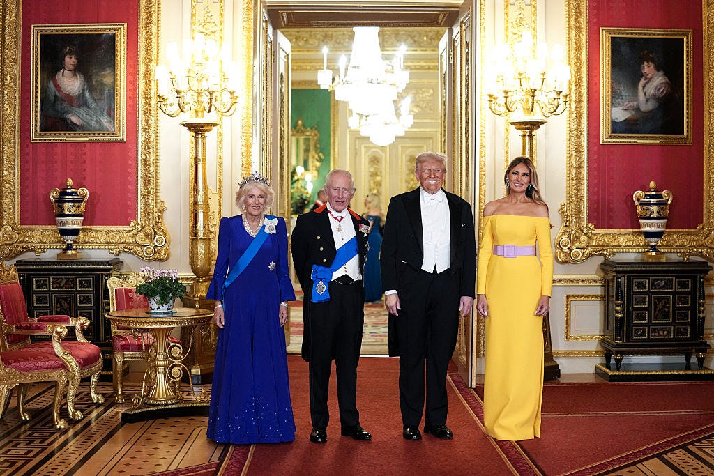  President Donald Trump, Melania Trump, King Charles III and Queen Camilla smiling for a photo inside Windsor Castle
