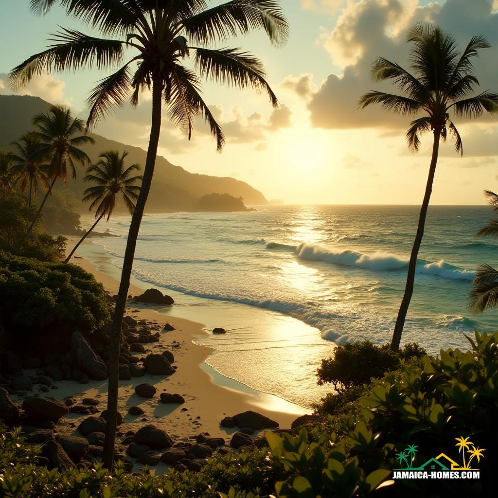 Luxurious Jamaican resort, lush green palm trees swaying gently in the Caribbean breeze, turquoise ocean waves crashing against the shore, warm golden light casting long shadows across the pristine white sand beach, cinematic composition