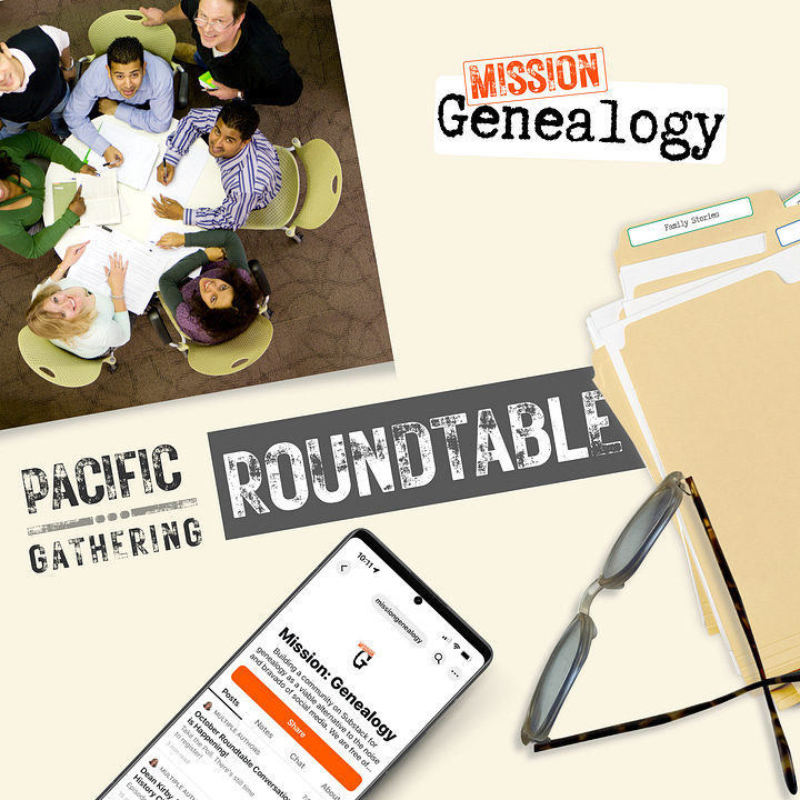 A collection of items referencing MissionGenealogy events, glasses, folders, a photo of people around a round table with the words Atlantic and Pacific Gatherings.