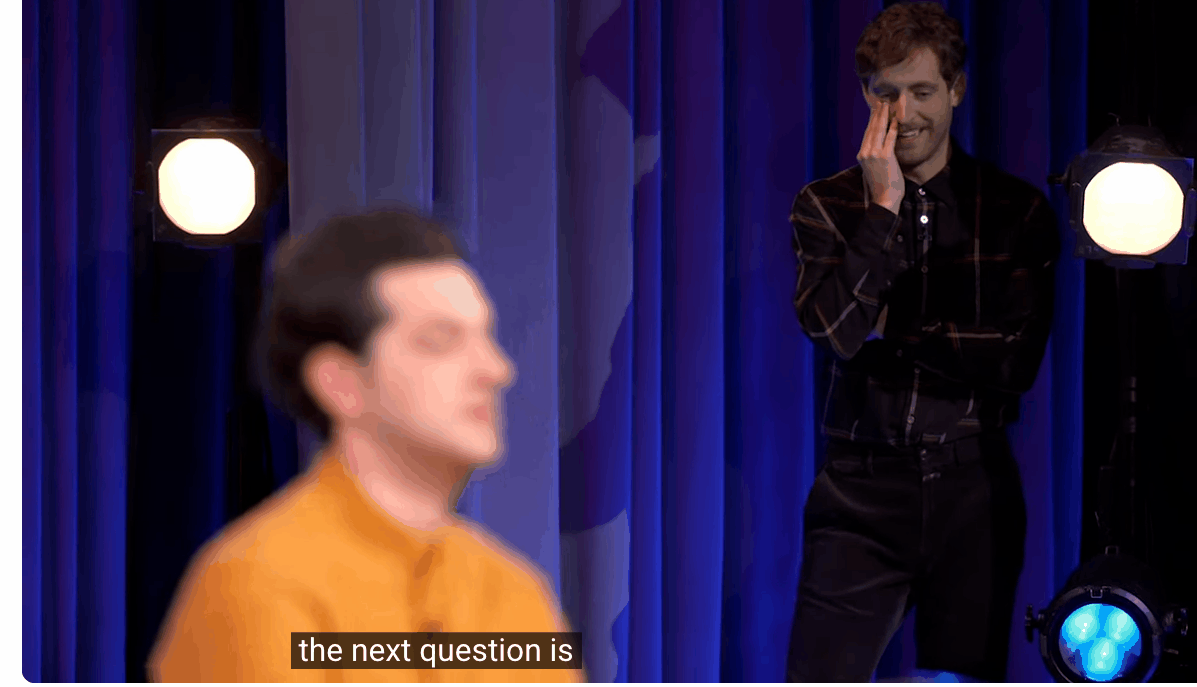 a gif of thomas middleditch standing on the corner of the stage and saying "the next question is a visual skills challenge"