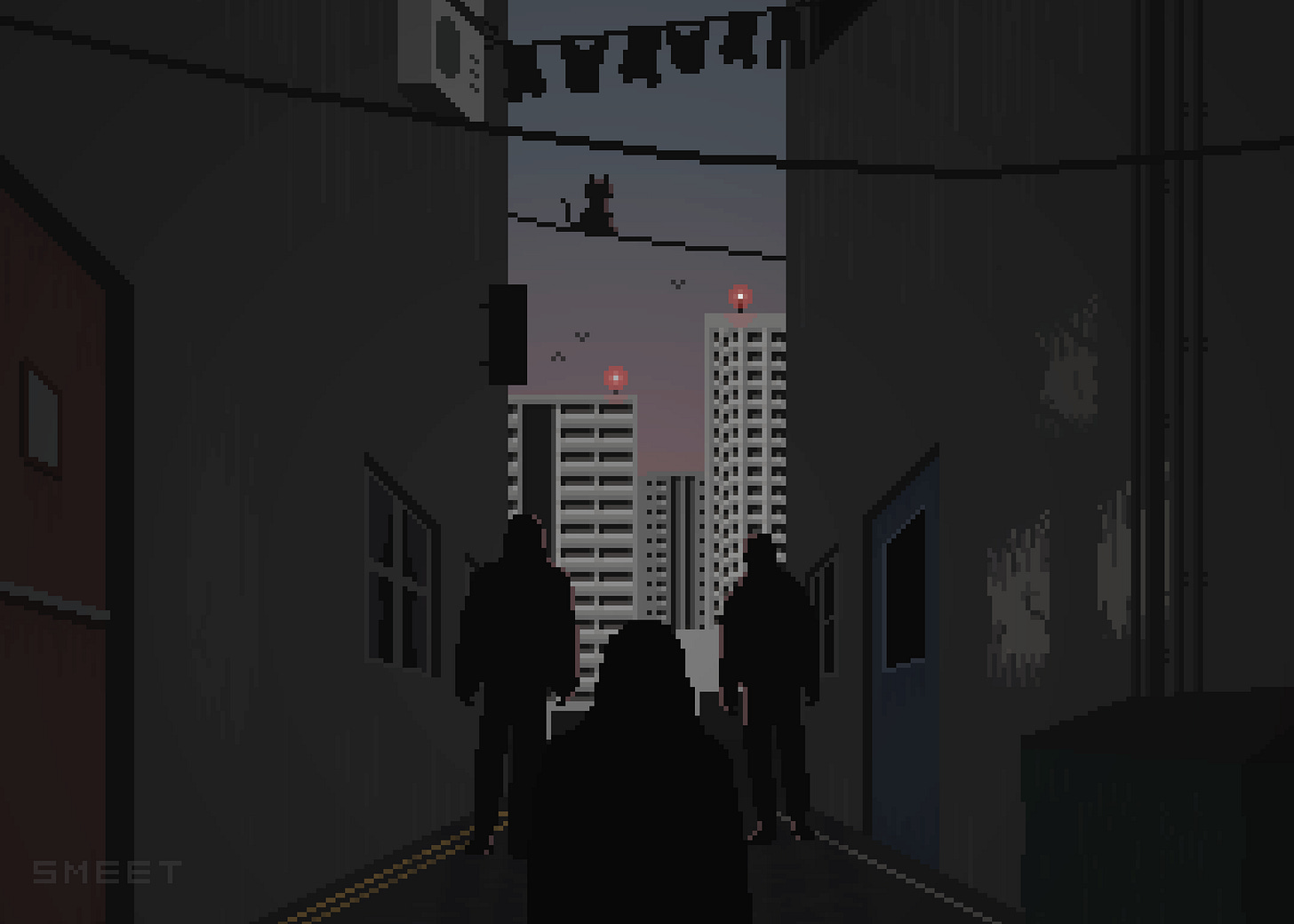 A boy standing in an alley, facing two men. It is dark and everything is in shadows.