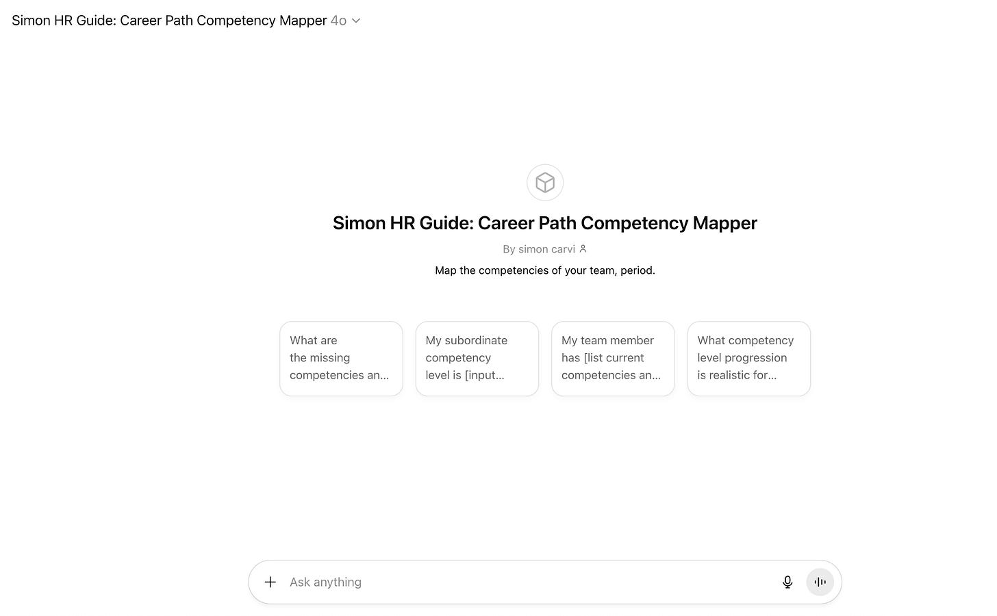Screenshot of Simon HR Guide: Career Path Competency Mapper — a ChatGPT for HR assistant that helps managers map team competencies and plan realistic development progressions.