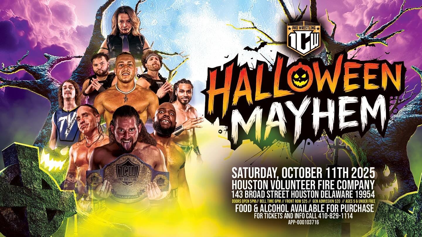 May be an image of 6 people, crowd and text that says 'PROW 1 WRESTLINE HALLOWEEN EEN WEEN MAYHEM SATURDAY. OCTOBER 11TH SATURDAY,OCTOBER11TH2025 11TH2025 2025 HOUSTON VÓLUNTEER FIRE COMPANY 143 BROAD STREET HOUSTON DELAWARE 19954 DOORS AGES5GUKDERFREE FREE FOOD ALCOHOL AVAILABLEFOR FOR PURCHASE FOR TICKETS AND 410-829-1114 APP-000103716'