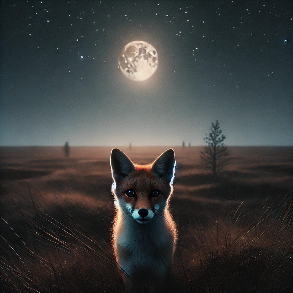 A lonely vixen stands in the moonlight, her fur illuminated by the soft glow. She is surrounded by a quiet, open field, with a few sparse trees in the distance. Her eyes reflect a mix of hunger, longing, and determination. The night sky above is vast and starry, creating a sense of solitude and resilience.
