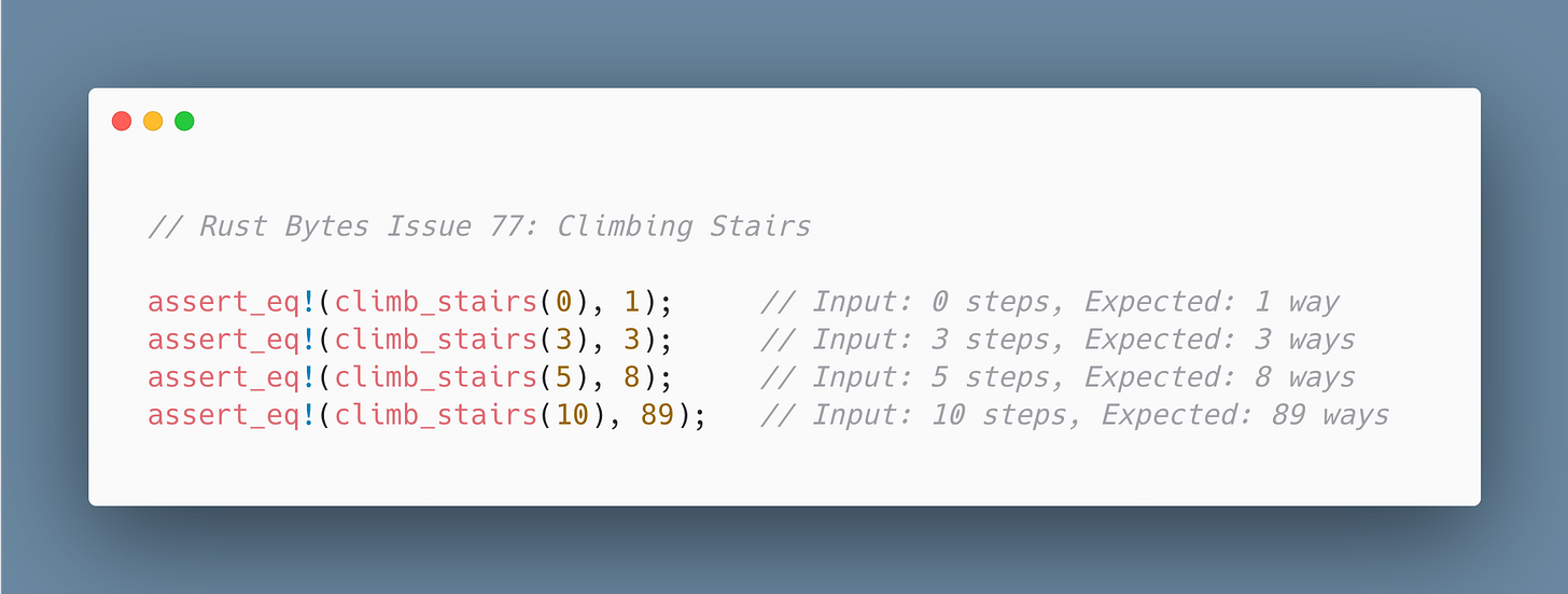 Rust Bytes Issue 77: Climbing Stairs code snippet