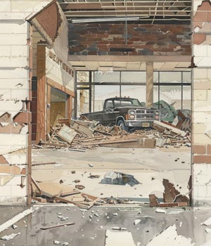 vintage editorial watercolor illustration of a retail building with collapsed front wall, interior debris visible through the breach, scattered timber, no figures, muted neutrals, cream paper texture